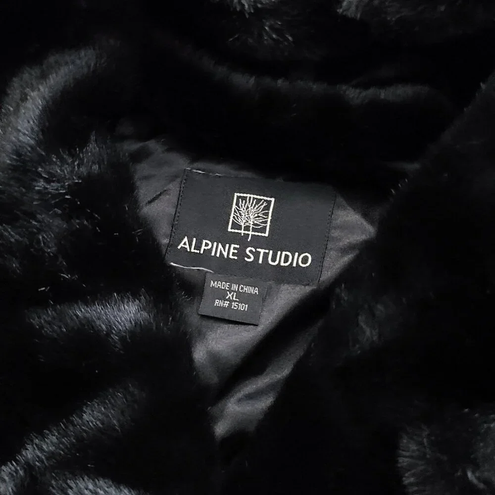 ALPINE STUDIO ~ Black Faux Mink Coat with Hood ~ XL ~ 38” L - Picture 3 of 16